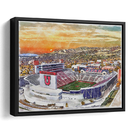 Utah Utes, Rice-Eccles Painting Stadium Watercolor, Sport Gift Art, Framed Canvas Print Wall Art