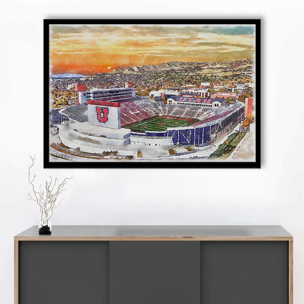 Utah Utes, Rice-Eccles Painting Stadium Watercolor, Sport Gift Art, Framed Art Print Wall Decor