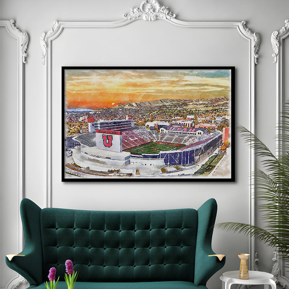 Utah Utes, Rice-Eccles Painting Stadium Watercolor, Sport Gift Art, Framed Art Print Wall Decor