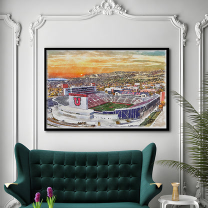 Utah Utes, Rice-Eccles Painting Stadium Watercolor, Sport Gift Art, Framed Art Print Wall Decor