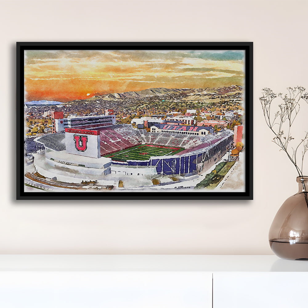 Utah Utes, Rice-Eccles Painting Stadium Watercolor, Sport Gift Art, Framed Canvas Print Wall Art