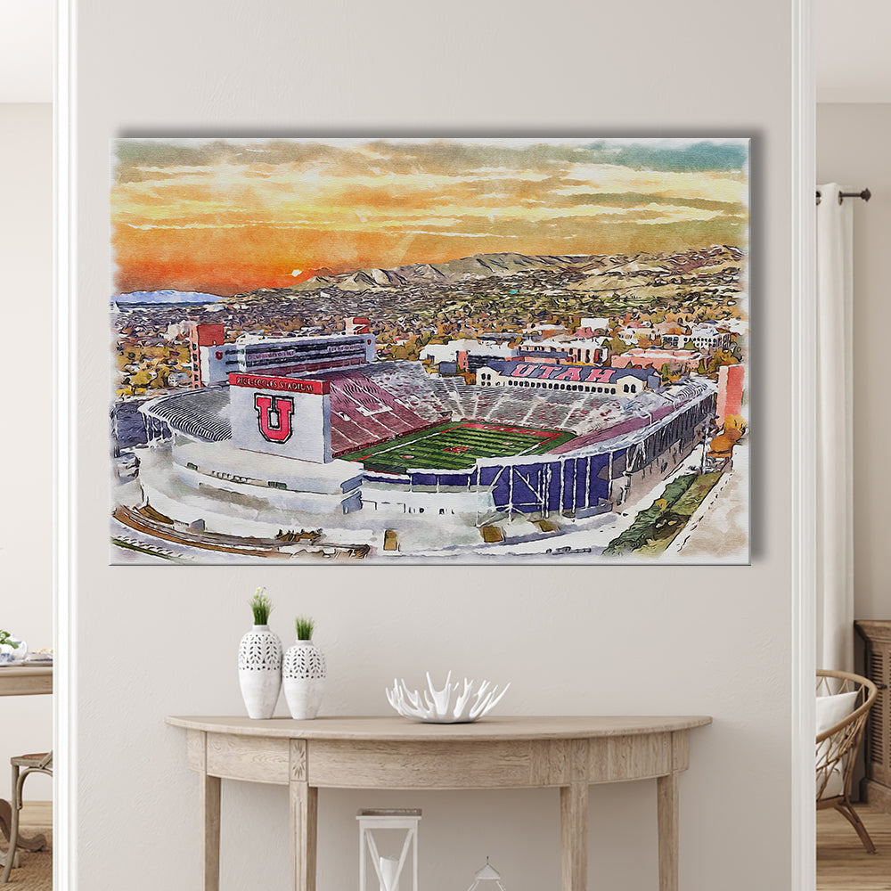 Utah Utes, Rice-Eccles Painting Stadium Watercolor, Sport Art, Gifts for him, Canvas Print Wall Art
