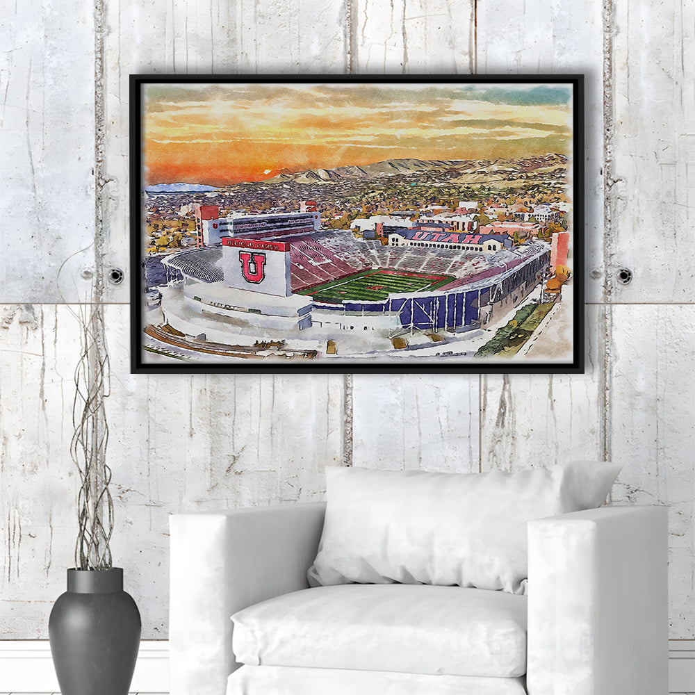 Utah Utes, Rice-Eccles Painting Stadium Watercolor, Sport Gift Art, Framed Canvas Print Wall Art