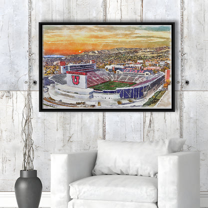 Utah Utes, Rice-Eccles Painting Stadium Watercolor, Sport Gift Art, Framed Canvas Print Wall Art
