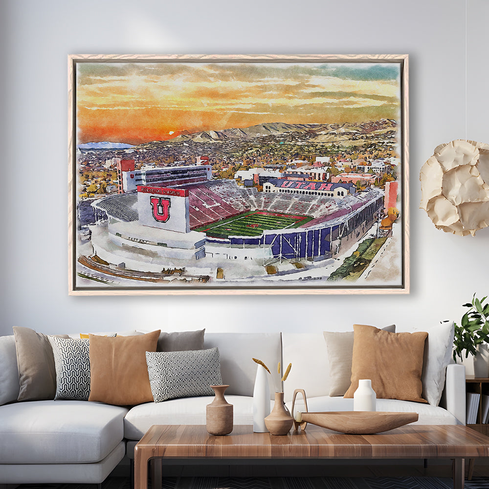 Utah Utes, Rice-Eccles Painting Stadium Watercolor, Sport Gift Art, Framed Canvas Print Wall Art