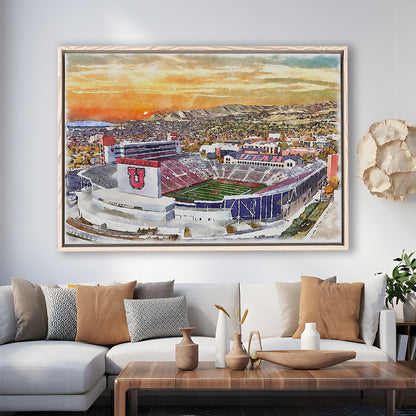 Utah Utes, Rice-Eccles Painting Stadium Watercolor, Sport Gift Art, Framed Canvas Print Wall Art