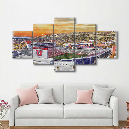 Utah Utes, Rice-Eccles Painting Stadium Watercolor, Sport Art, Mixed 5 Panel, Canvas Print Wall Art
