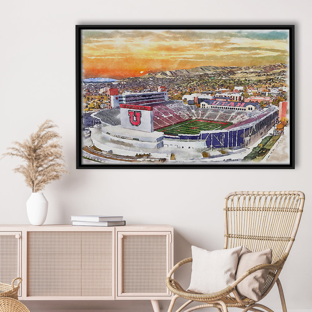 Utah Utes, Rice-Eccles Painting Stadium Watercolor, Sport Gift Art, Framed Canvas Print Wall Art