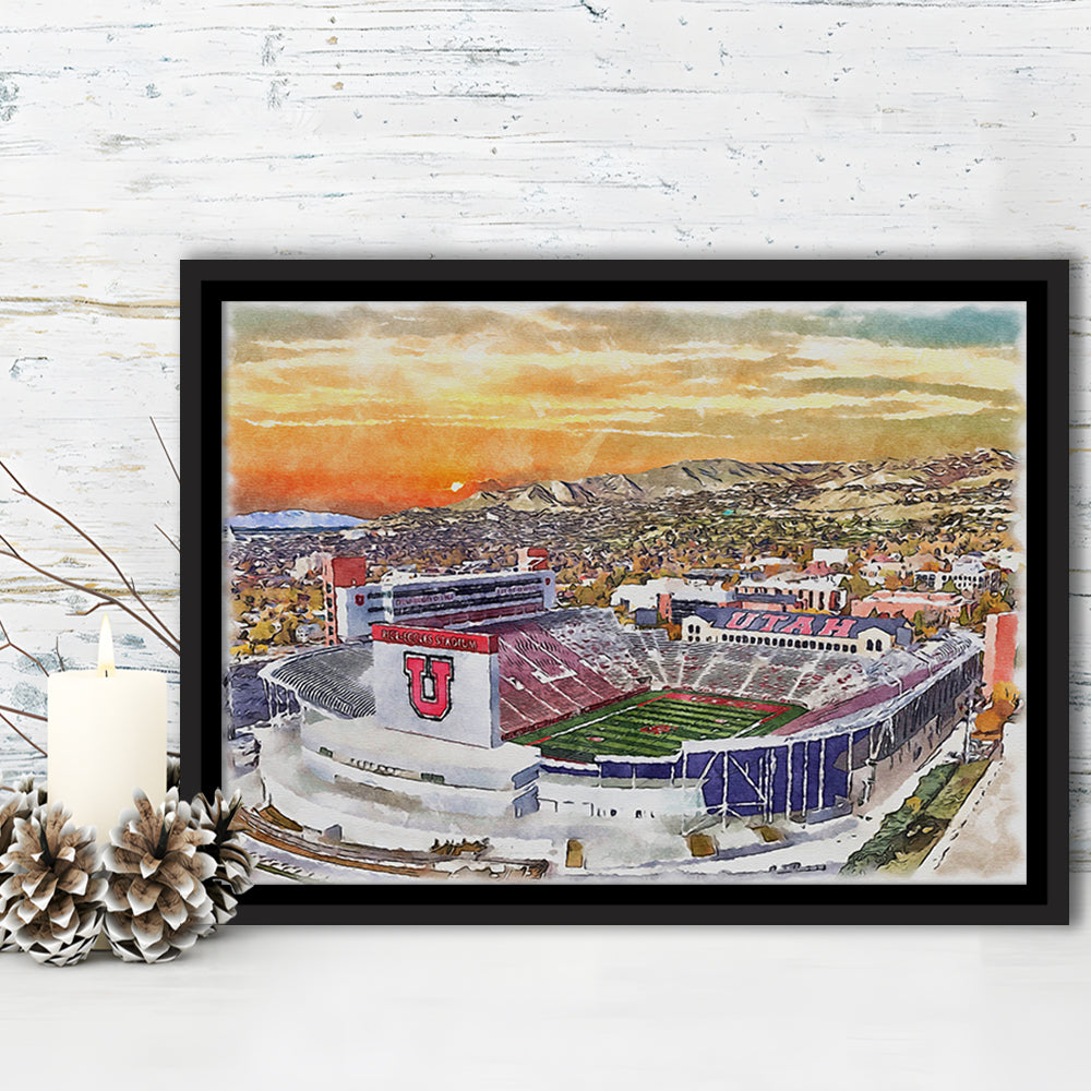 Utah Utes, Rice-Eccles Painting Stadium Watercolor, Sport Gift Art, Framed Canvas Print Wall Art