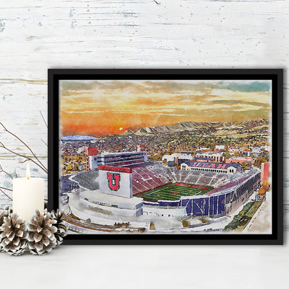 Utah Utes, Rice-Eccles Painting Stadium Watercolor, Sport Gift Art, Framed Canvas Print Wall Art