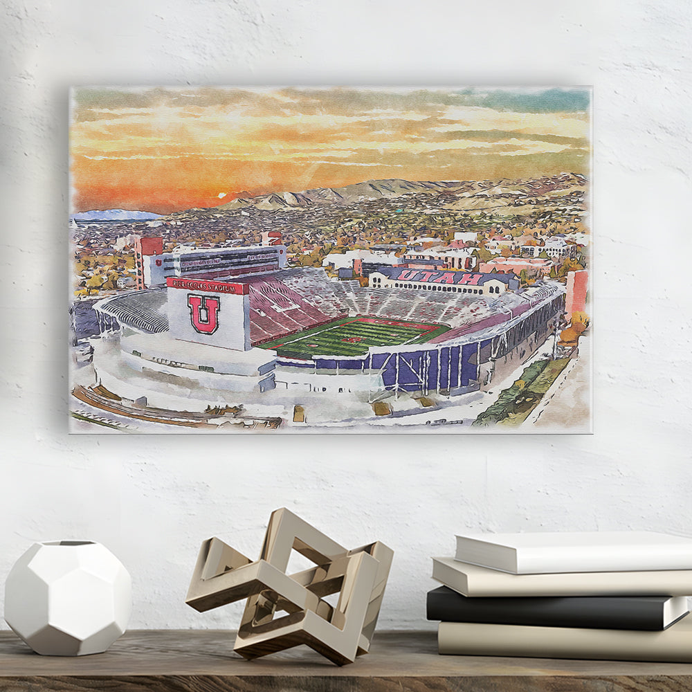 Utah Utes, Rice-Eccles Painting Stadium Watercolor, Sport Art, Gifts for him, Canvas Print Wall Art
