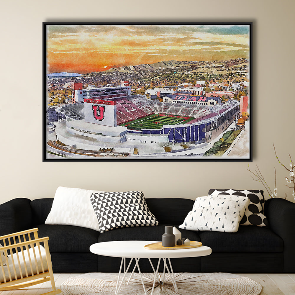 Utah Utes, Rice-Eccles Painting Stadium Watercolor, Sport Gift Art, Framed Canvas Print Wall Art