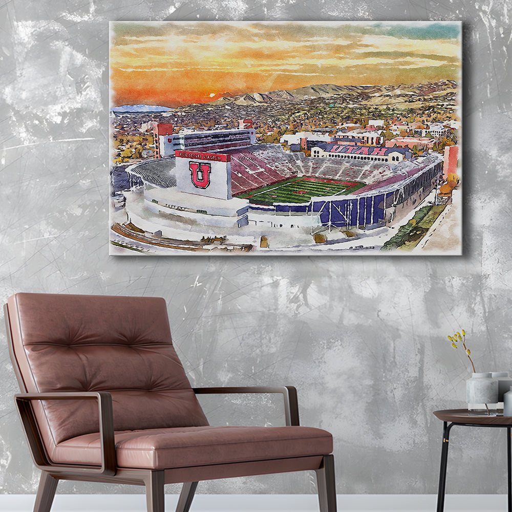 Utah Utes, Rice-Eccles Painting Stadium Watercolor, Sport Art, Gifts for him, Canvas Print Wall Art