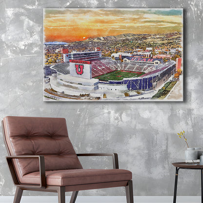 Utah Utes, Rice-Eccles Painting Stadium Watercolor, Sport Art, Gifts for him, Canvas Print Wall Art