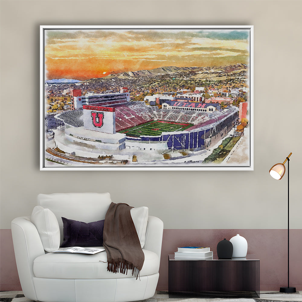 Utah Utes, Rice-Eccles Painting Stadium Watercolor, Sport Gift Art, Framed Canvas Print Wall Art