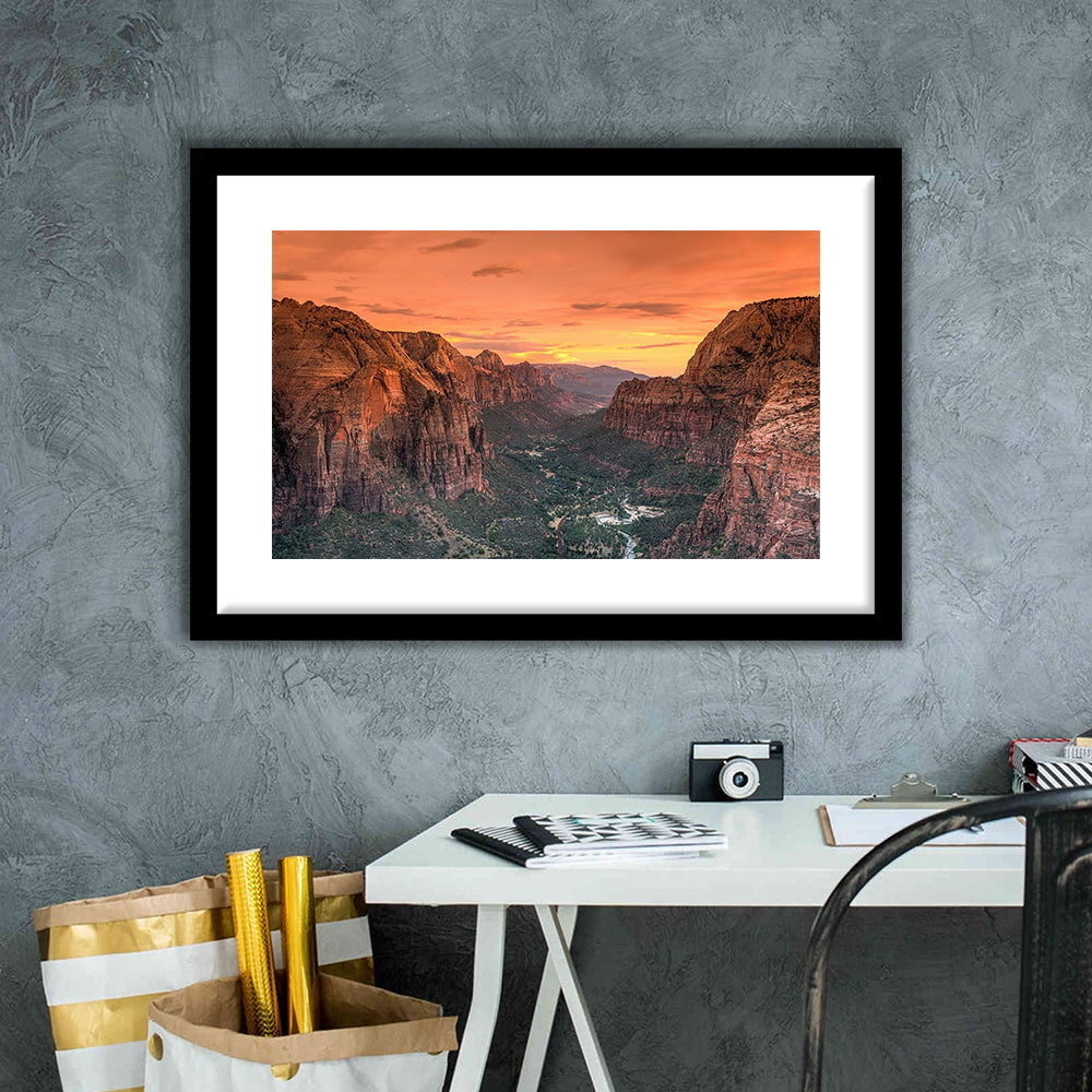 Utah Zion National Park Zion Canyon From Angel'S Landing Large Stretched, Framed Art Print White Border