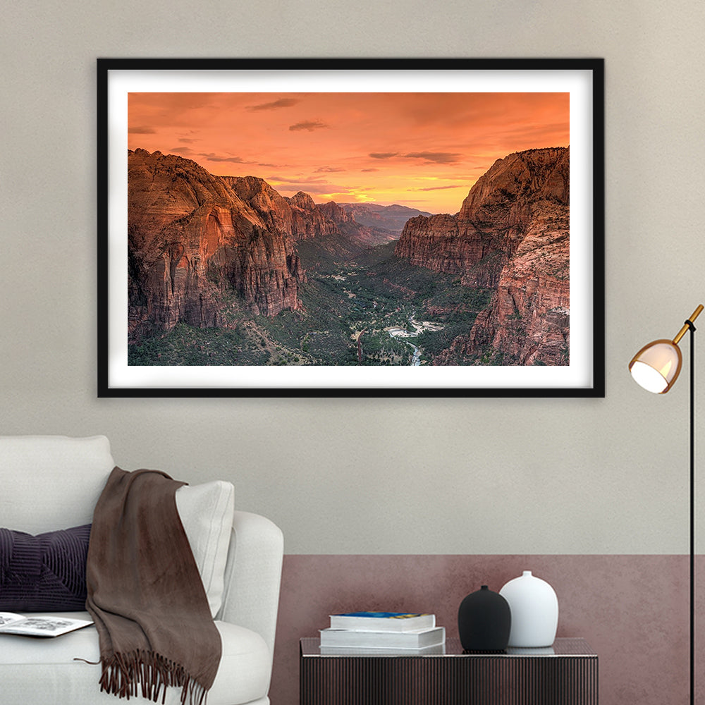 Utah Zion National Park Zion Canyon From Angel'S Landing Large Stretched, Framed Art Print White Border