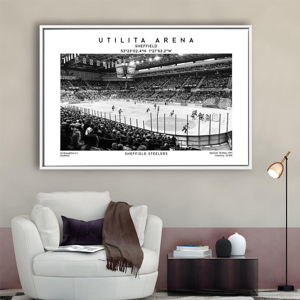 Utilita Arena Stadium Black And White, Sheffield Steelers Hockey Stadium Wall Art Print, Framed Canvas Print Wall Art