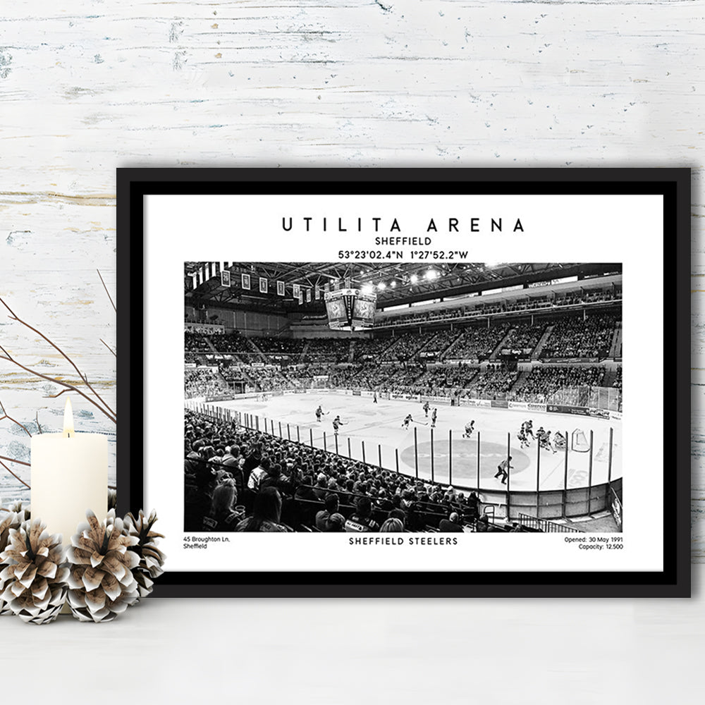 Utilita Arena Stadium Black And White, Sheffield Steelers Hockey Stadium Wall Art Print, Framed Canvas Print Wall Art