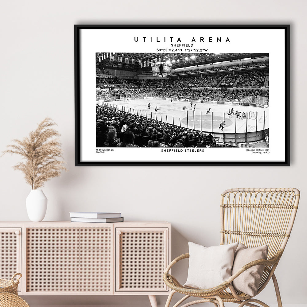 Utilita Arena Stadium Black And White, Sheffield Steelers Hockey Stadium Wall Art Print, Framed Canvas Print Wall Art