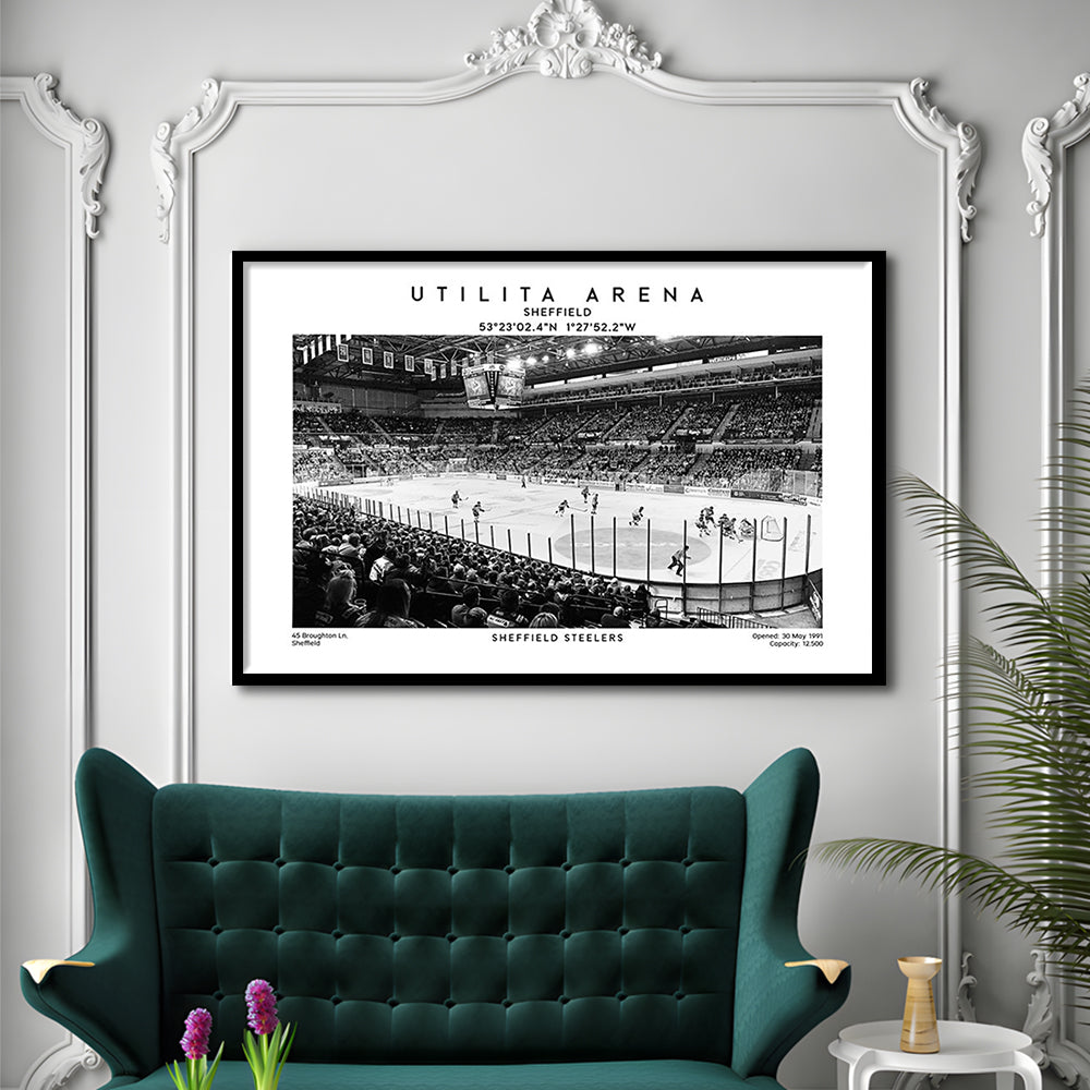 Utilita Arena Stadium Black And White, Sheffield Steelers Hockey Stadium Wall Art Print, Framed Art Print Wall Decor