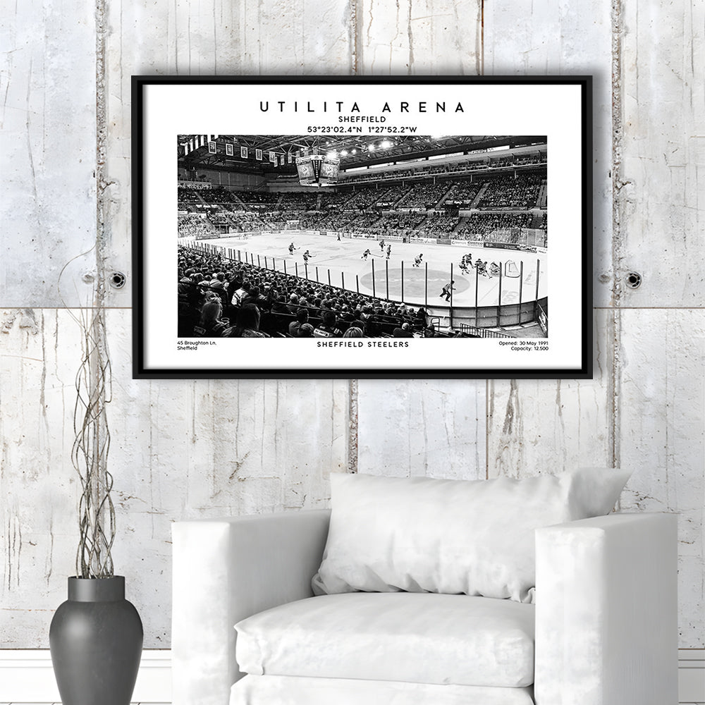 Utilita Arena Stadium Black And White, Sheffield Steelers Hockey Stadium Wall Art Print, Framed Canvas Print Wall Art