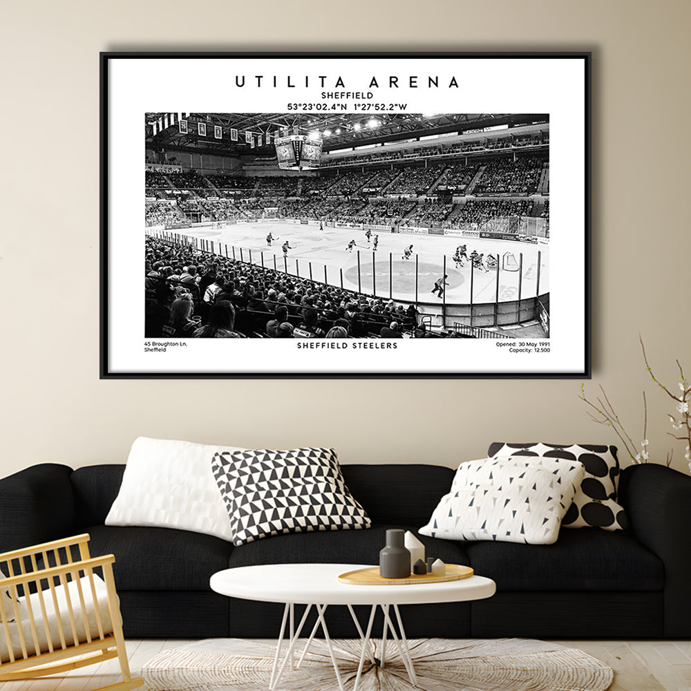 Utilita Arena Stadium Black And White, Sheffield Steelers Hockey Stadium Wall Art Print, Framed Canvas Print Wall Art