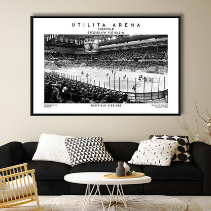 Utilita Arena Stadium Black And White, Sheffield Steelers Hockey Stadium Wall Art Print, Framed Canvas Print Wall Art