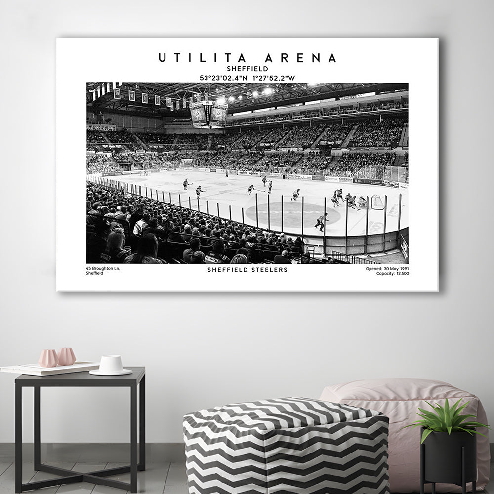 Utilita Arena Stadium Black And White, Sheffield Steelers Hockey Stadium Wall Art Print, Canvas Print Wall Art, Man Cave Gift