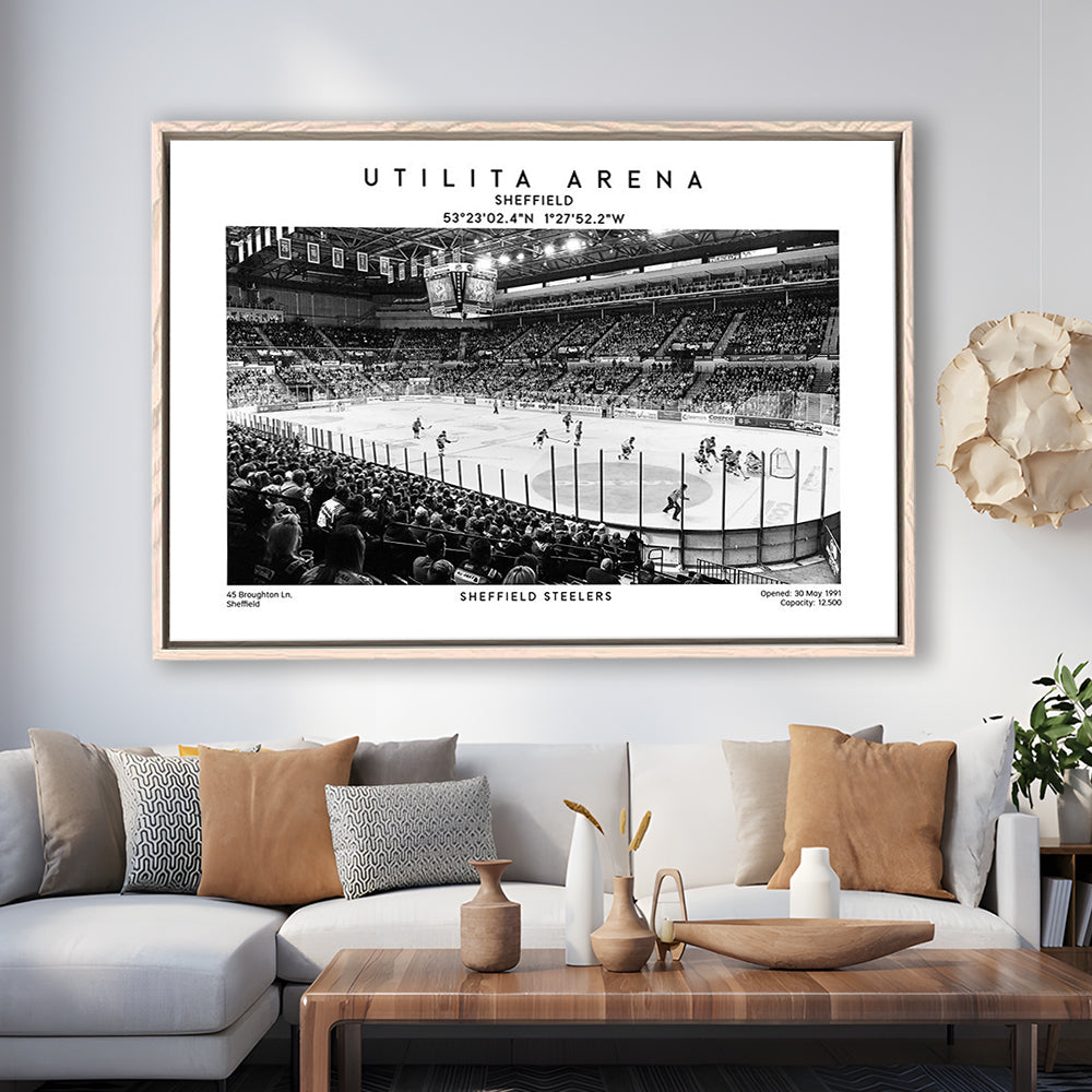 Utilita Arena Stadium Black And White, Sheffield Steelers Hockey Stadium Wall Art Print, Framed Canvas Print Wall Art