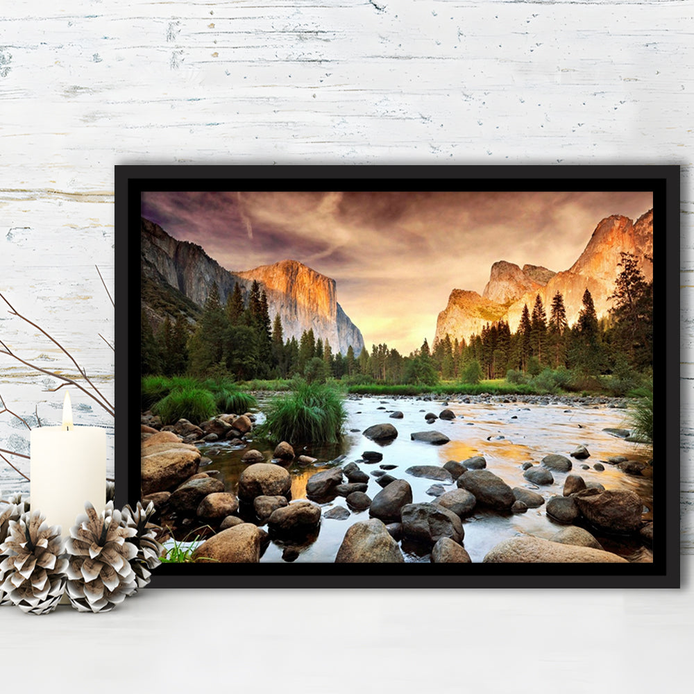 Valley At Sunset, Yosemite, Framed Cavas Print, Floating Frame