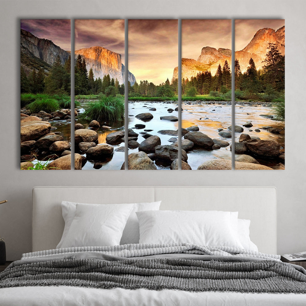 Valley at sunset, Yosemite, 5 Piece B Extra Large Cavas Print Wall Art Decor