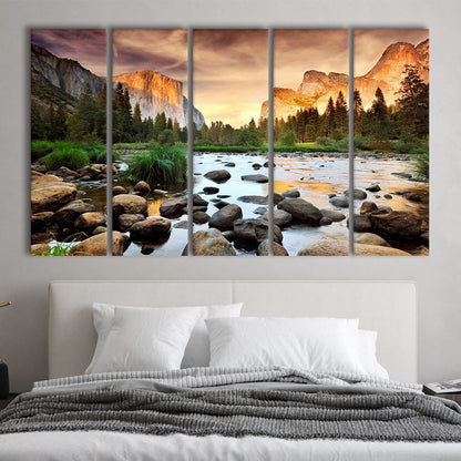 Valley at sunset, Yosemite, 5 Piece B Extra Large Cavas Print Wall Art Decor