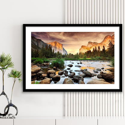 Valley At Sunset, Yosemite, Framed Art Print White Border, Framed Picture