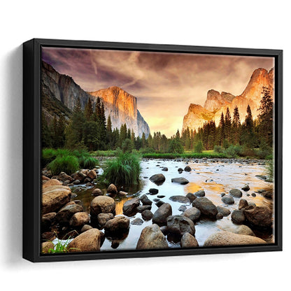 Valley At Sunset, Yosemite, Framed Cavas Print, Floating Frame