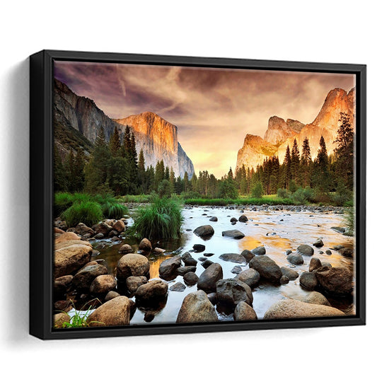 Valley At Sunset, Yosemite, Framed Cavas Print, Floating Frame
