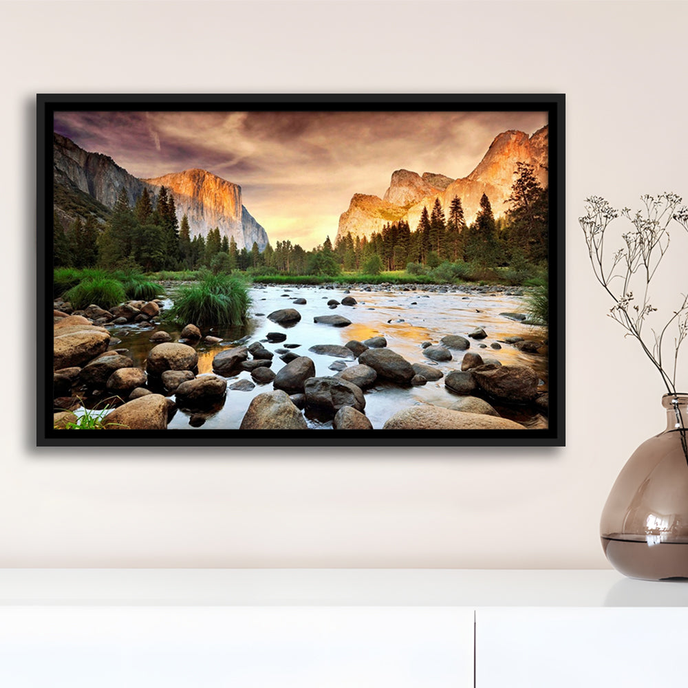 Valley At Sunset, Yosemite, Framed Cavas Print, Floating Frame