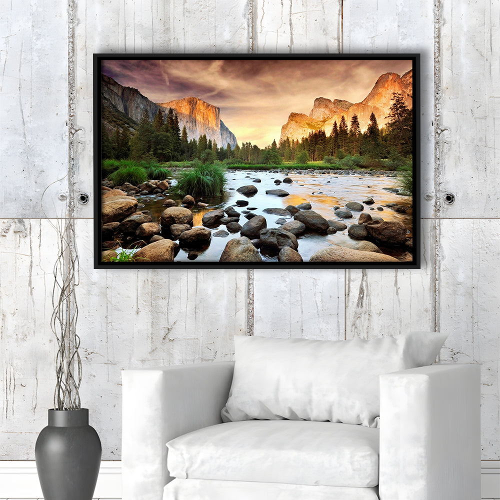Valley At Sunset, Yosemite, Framed Cavas Print, Floating Frame