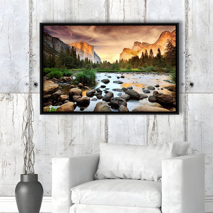 Valley At Sunset, Yosemite, Framed Cavas Print, Floating Frame