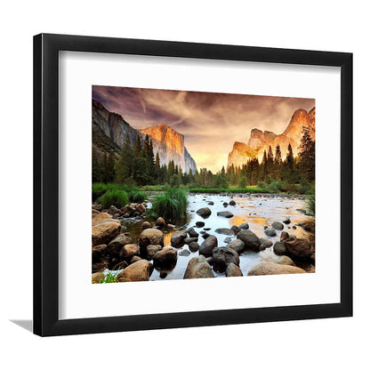 Valley At Sunset, Yosemite, Framed Art Print White Border, Framed Picture