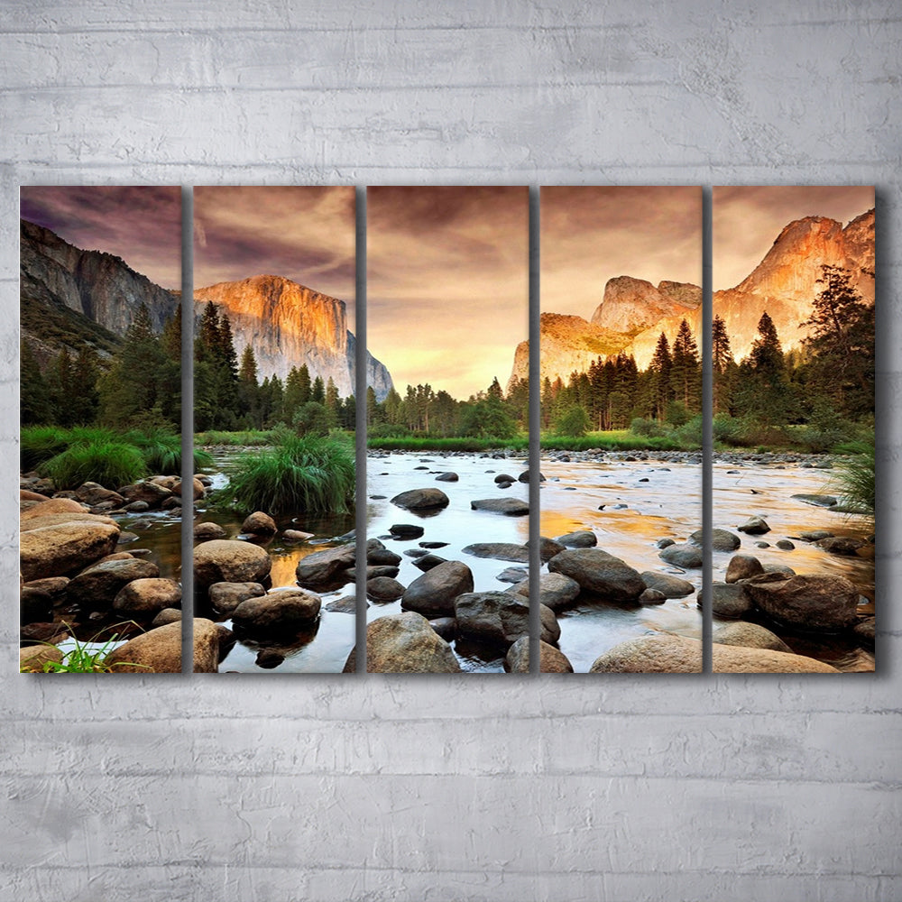Valley at sunset, Yosemite, 5 Piece B Extra Large Cavas Print Wall Art Decor