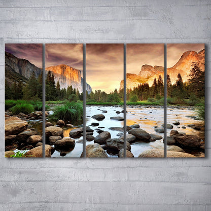 Valley at sunset, Yosemite, 5 Piece B Extra Large Cavas Print Wall Art Decor