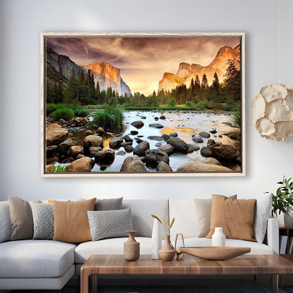 Valley At Sunset, Yosemite, Framed Cavas Print, Floating Frame