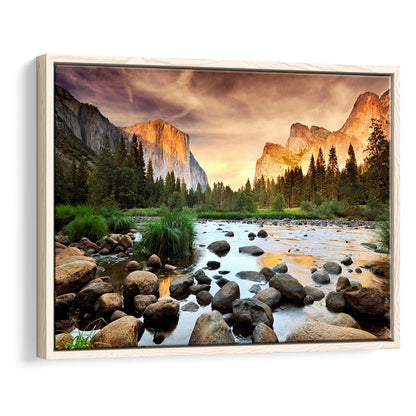 Valley At Sunset, Yosemite, Framed Cavas Print, Floating Frame