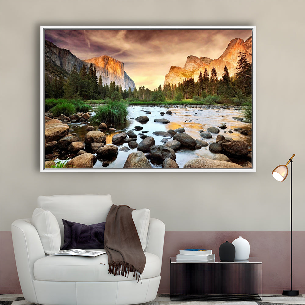 Valley At Sunset, Yosemite, Framed Cavas Print, Floating Frame