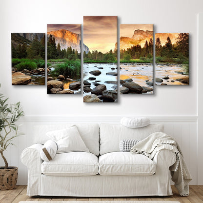 Valley at sunset, Yosemite, 5 Piece Large Cavas Print Wall Art