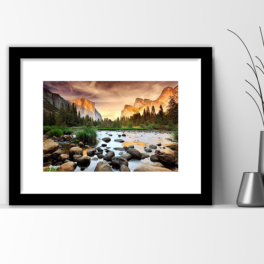 Valley At Sunset, Yosemite, Framed Art Print White Border, Framed Picture