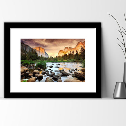 Valley At Sunset, Yosemite, Framed Art Print White Border, Framed Picture