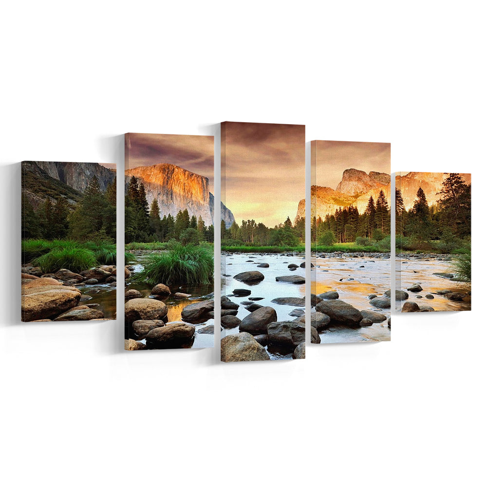Valley at sunset, Yosemite, 5 Piece Large Cavas Print Wall Art