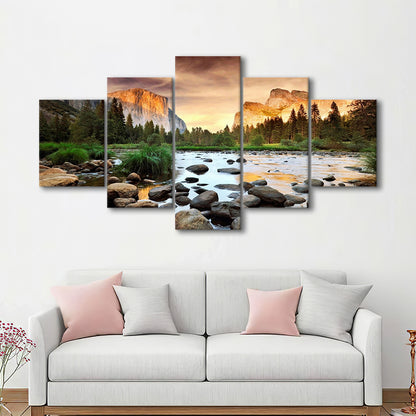 Valley at sunset, Yosemite, 5 Piece Large Cavas Print Wall Art